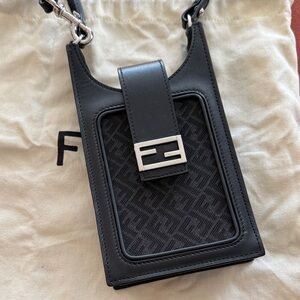 Fendi Black Leather and Monogram Canvas Phone Crossbody with Silver Hardware
